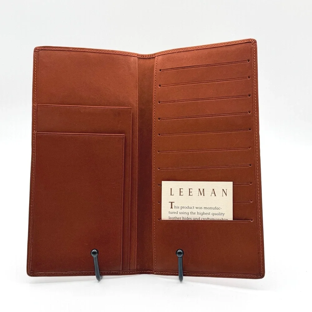 Leeman Long‎ Bifold Wallet Mens Cognac Brown Genuine Calf Skin Leather Slim READ